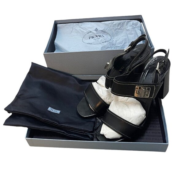 Prada Size 39.5 Leather Turnlock Slingback Sandals Black Block Heel Minimalist - Picture 3 of 15